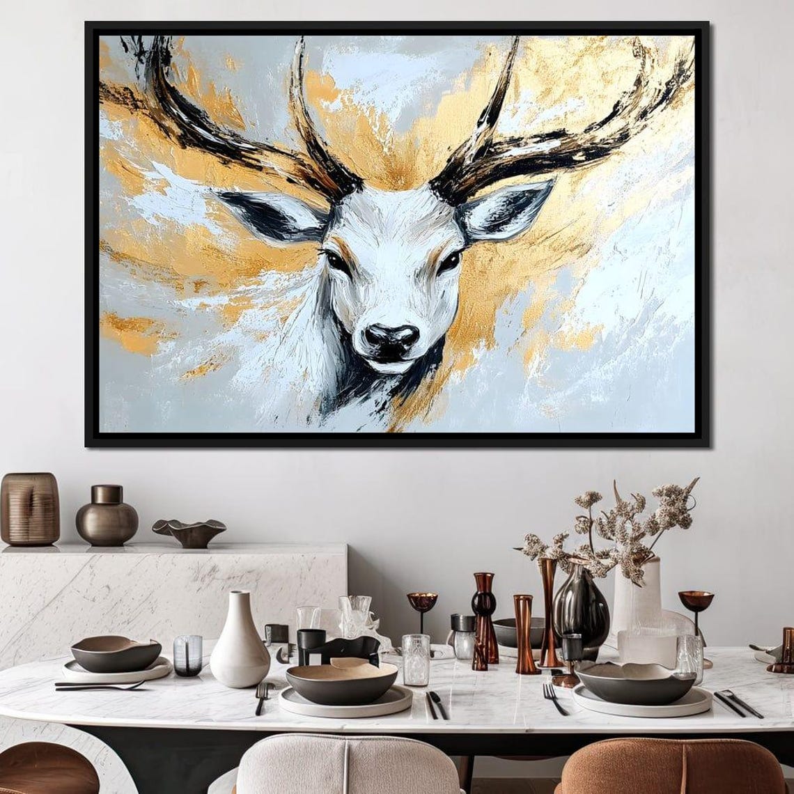 Frontal White Stag with Dark Antlers in Gray and Gold Swirls Poster - Image 3
