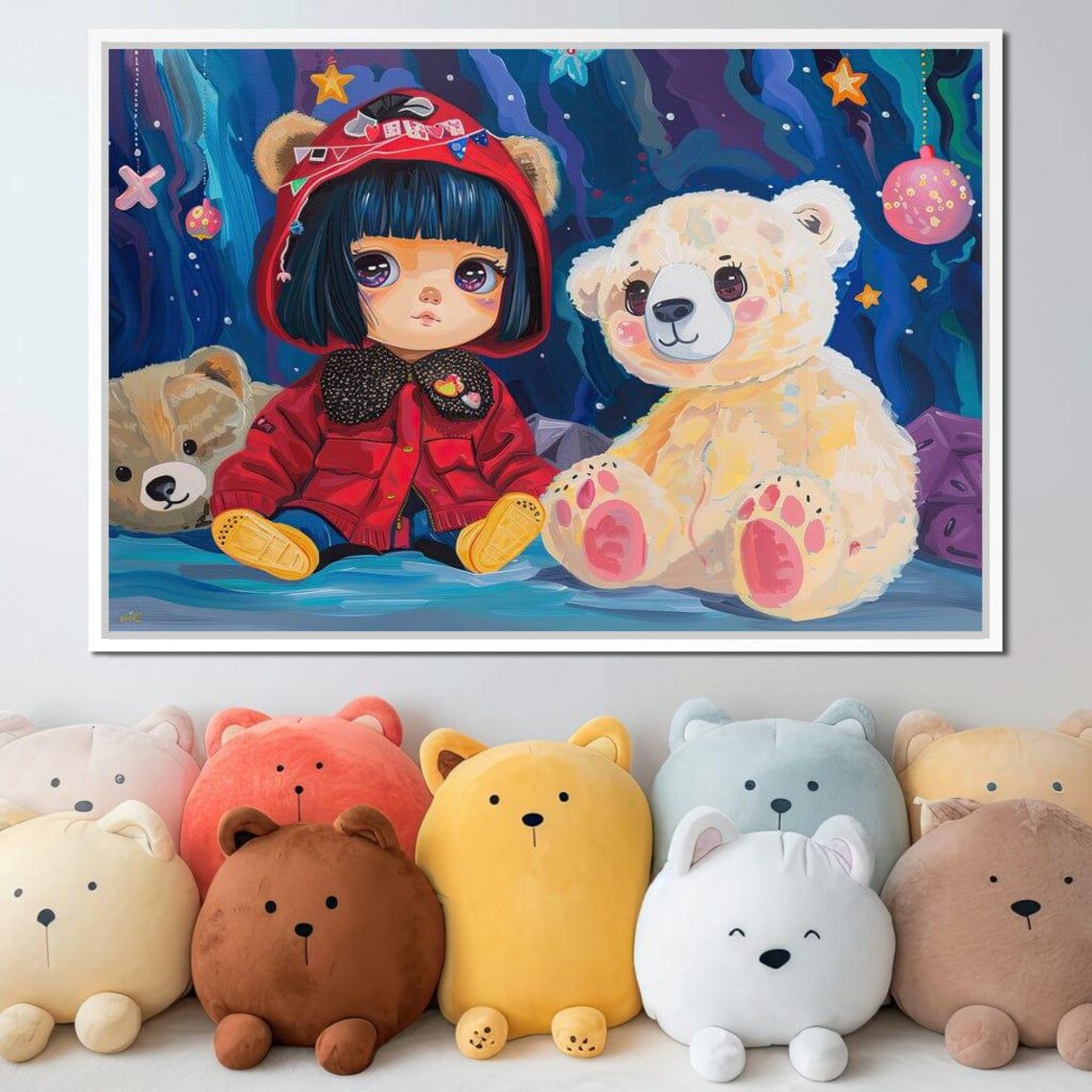 Little Girl In Red Hood With Teddy Bears Dreamy Night Kids Art Poster - Image 3