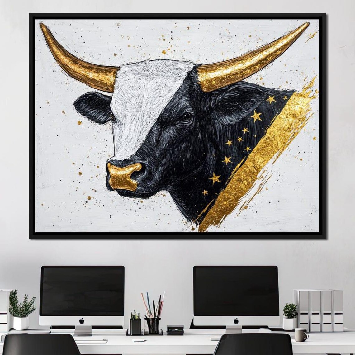 Black And White Bull With Golden Horns And Stars Luxury Farmhouse Art - Image 4