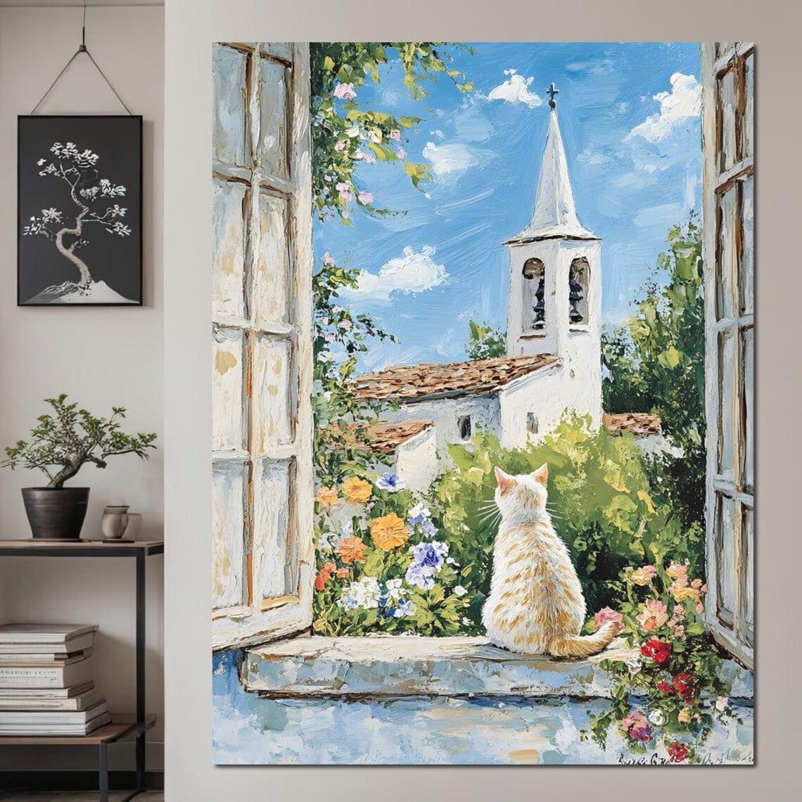 White Cat Window View Village Church Flowers Cozy Garden Scene Art Poster - Image 3