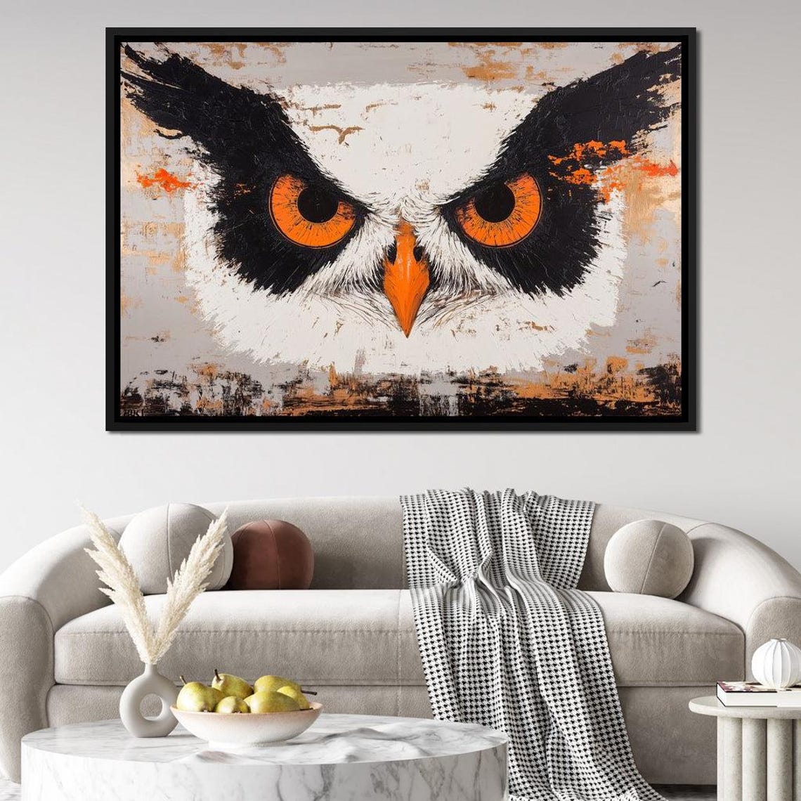 Fierce Owl Face Close Up Orange Eyes Black White Wildlife Art Poster