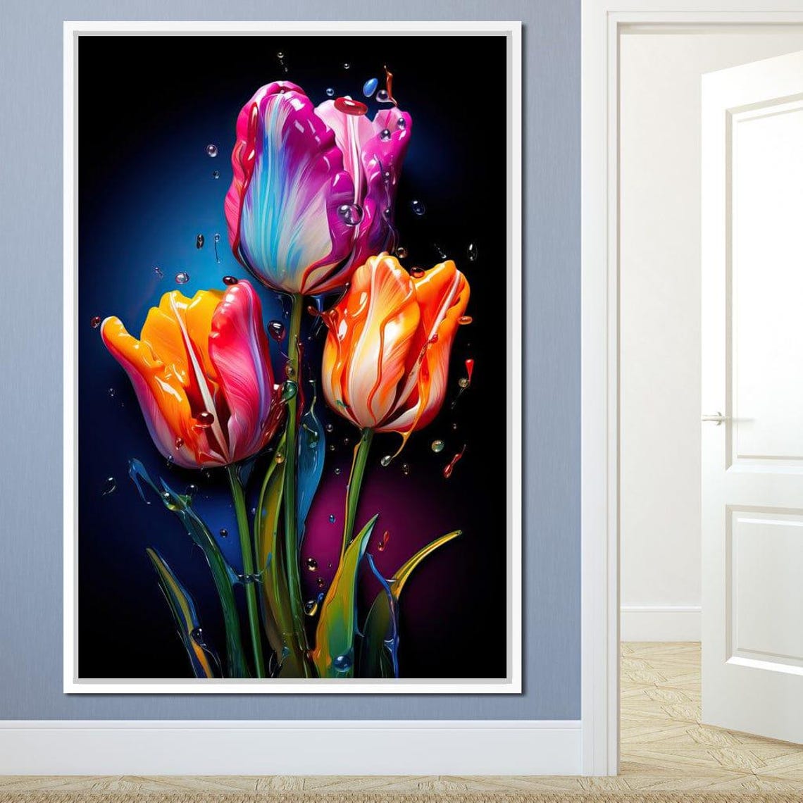 Rainbow Tulip Trio Liquid Paint Dripping Dark Floral Wall Art Poster - Image 4