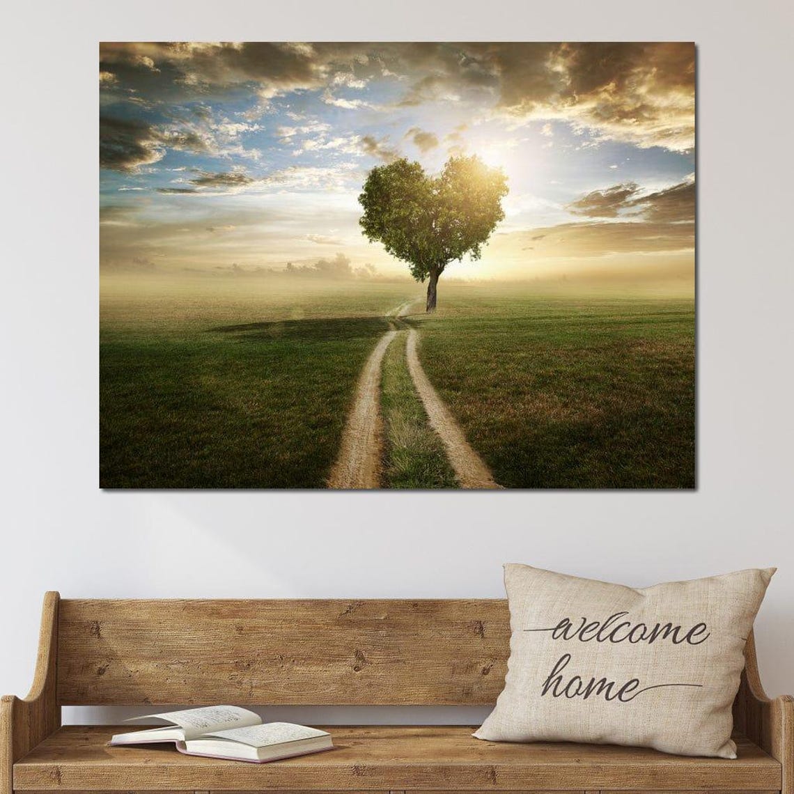 Heart Shaped Tree Alone in a Misty Meadow at Sunrise Nature Poster - Image 4