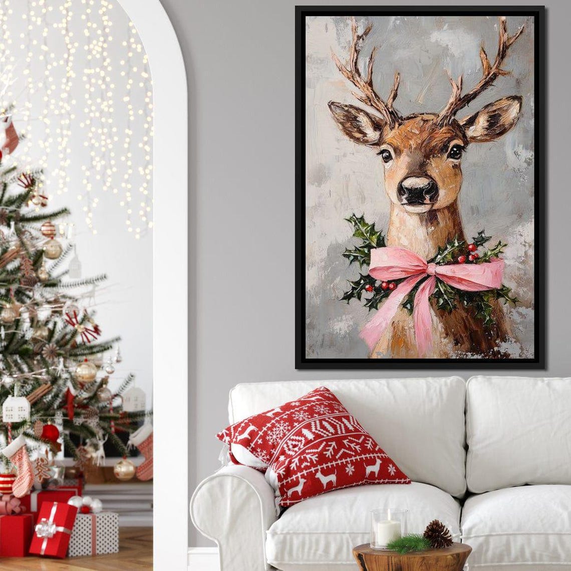 Christmas Reindeer Pink Bow Holly Wreath Festive Winter Wall Art Print - Image 4