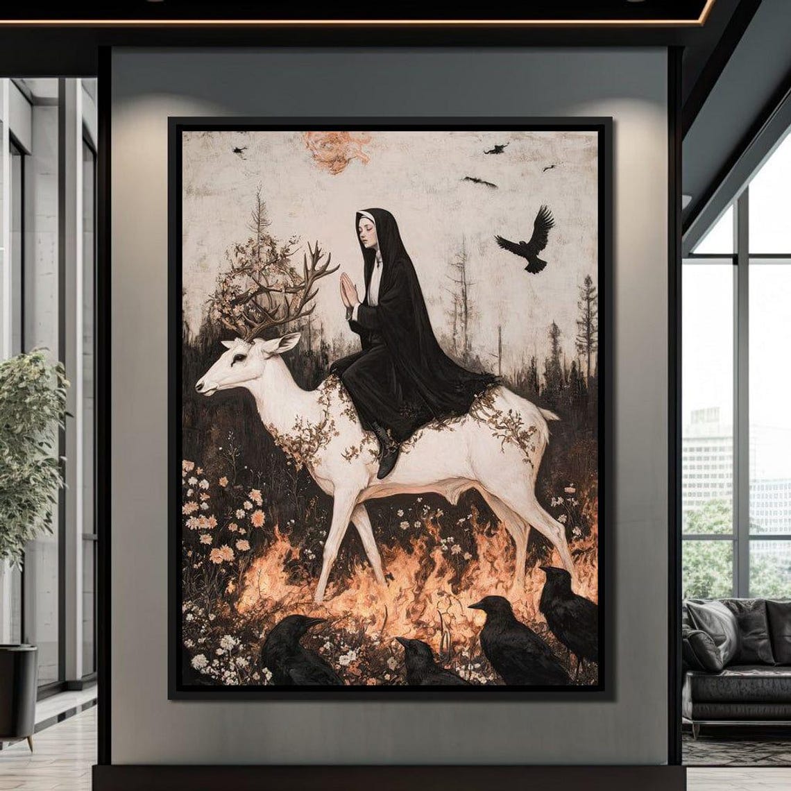 Praying Woman White Stag Fire Ravens Gothic Dark Fantasy Wall Art - Image 2