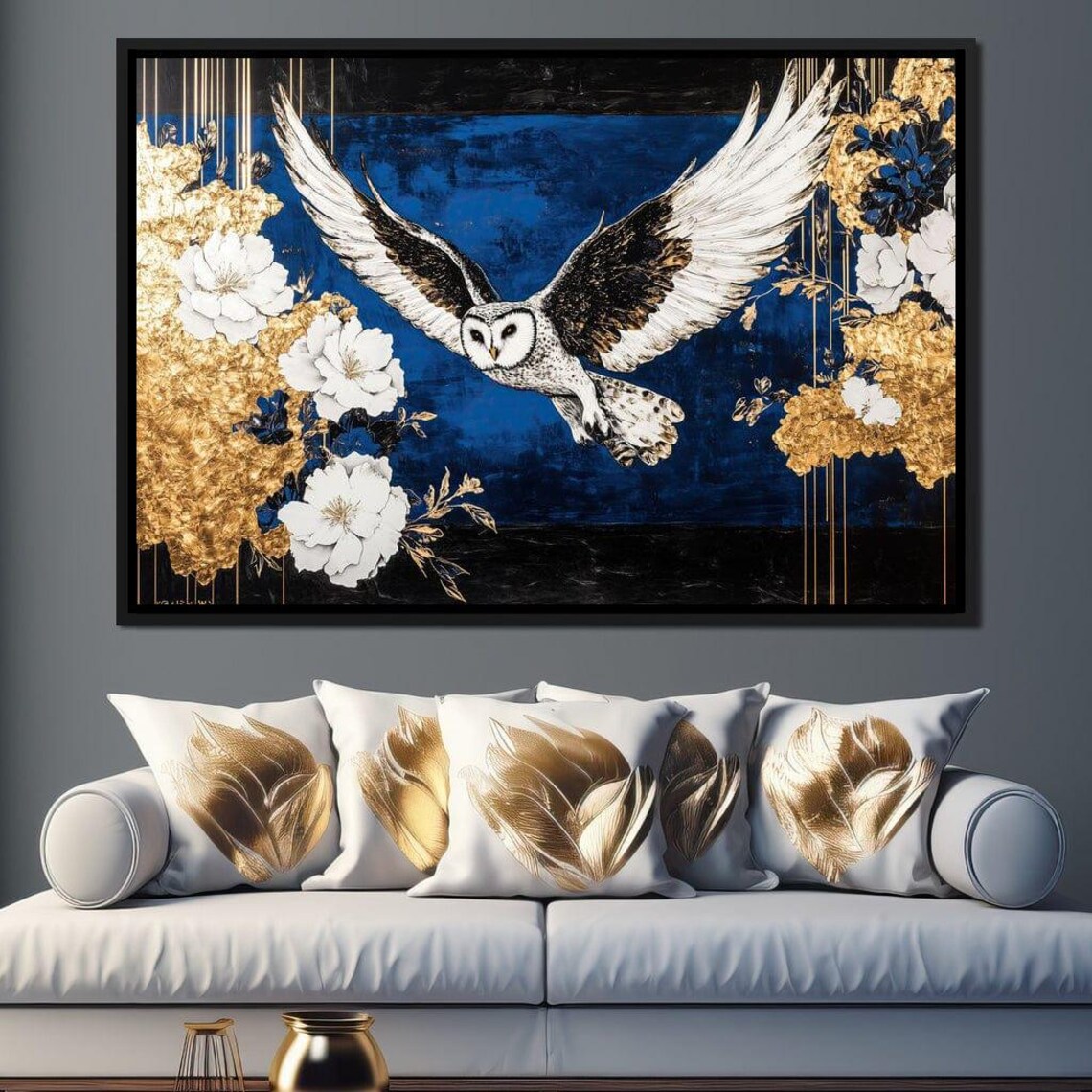 White Barn Owl In Flight Deep Blue Gold Floral Wildlife Art Poster
