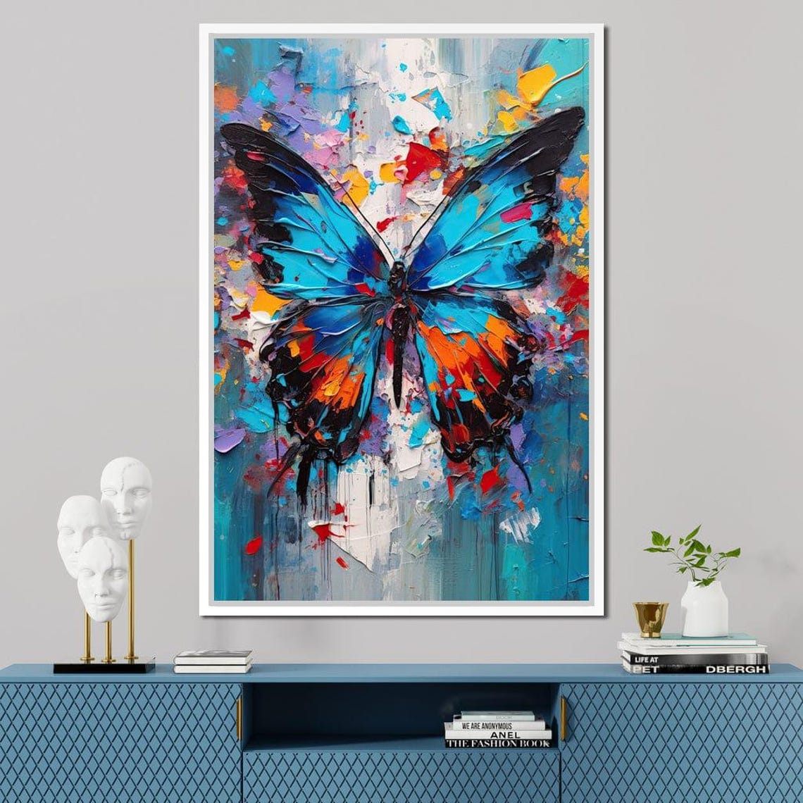 Blue Orange Abstract Butterfly Textured Oil Paint Bold Wall Art