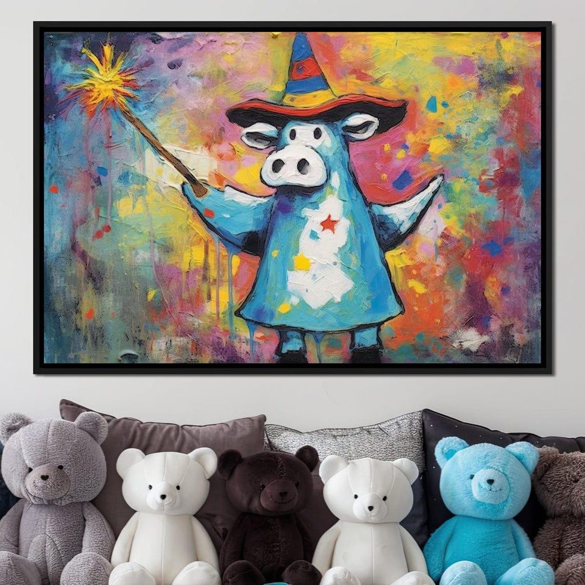 Whimsical Wizard Cow Magic Wand Colorful Fantasy Kids Wall Art - Image 3