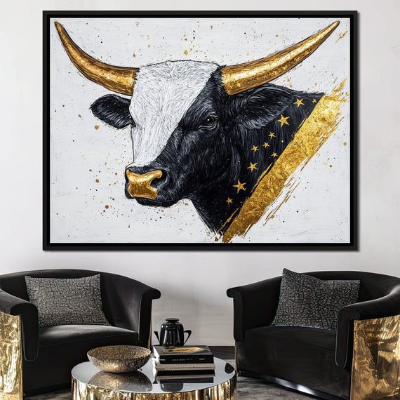 Golden Star Bull Elegance Modern Home Decor Artistic Bull Black White Gold Wall Art Farmhouse Style By Nichecanvas