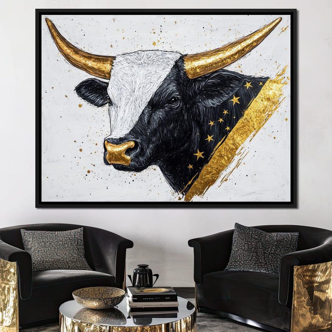 Black And White Bull With Golden Horns And Stars Luxury Farmhouse Art