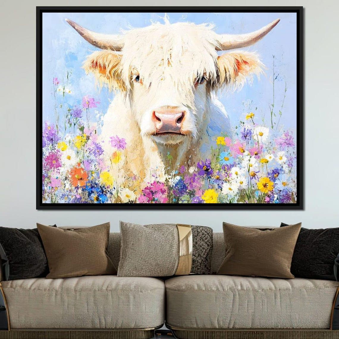 White Highland Cow Standing in a Colorful Wildflower Meadow Poster - Image 4