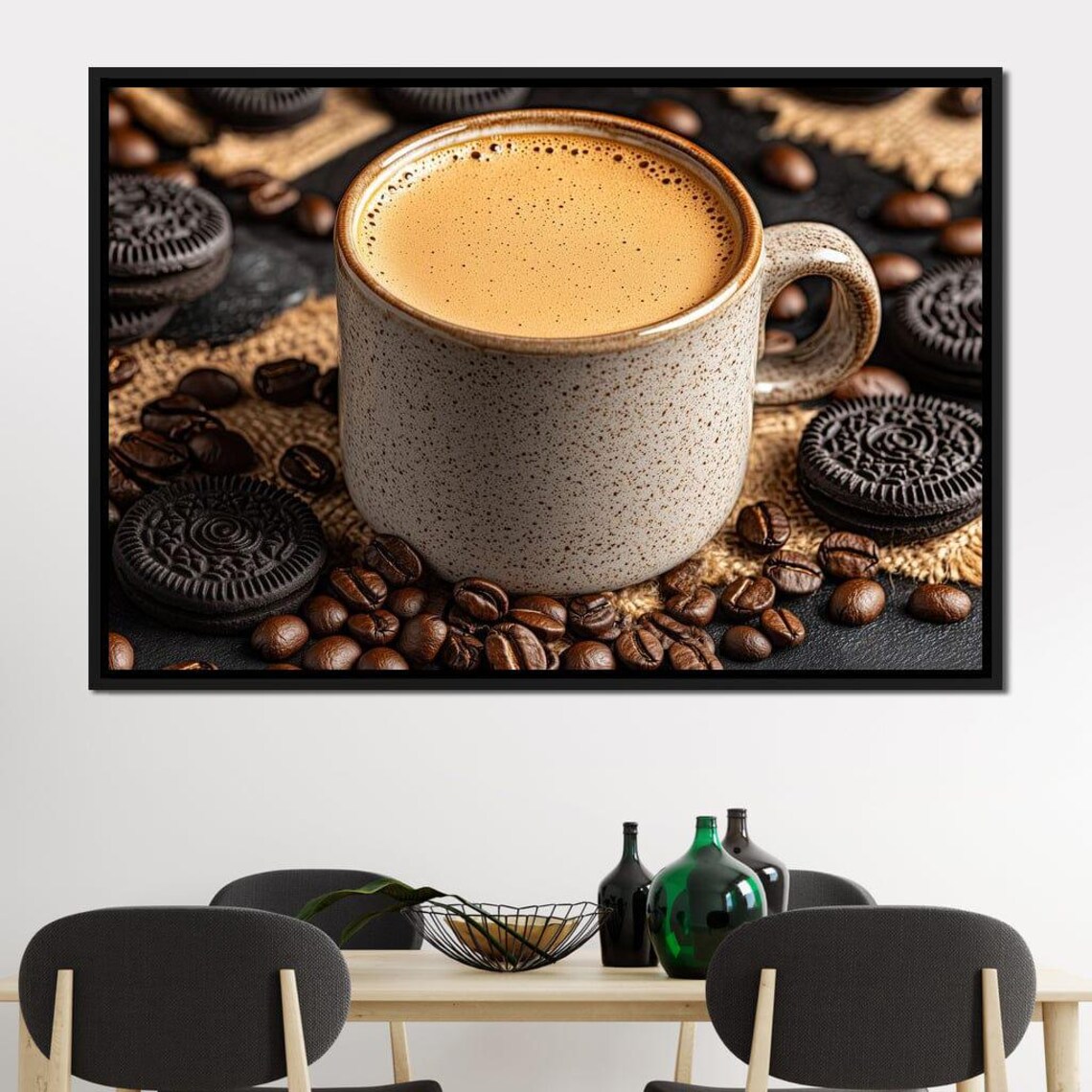 Steaming Coffee In Ceramic Mug Coffee Beans Cookies Dark Rustic Poster - Image 4