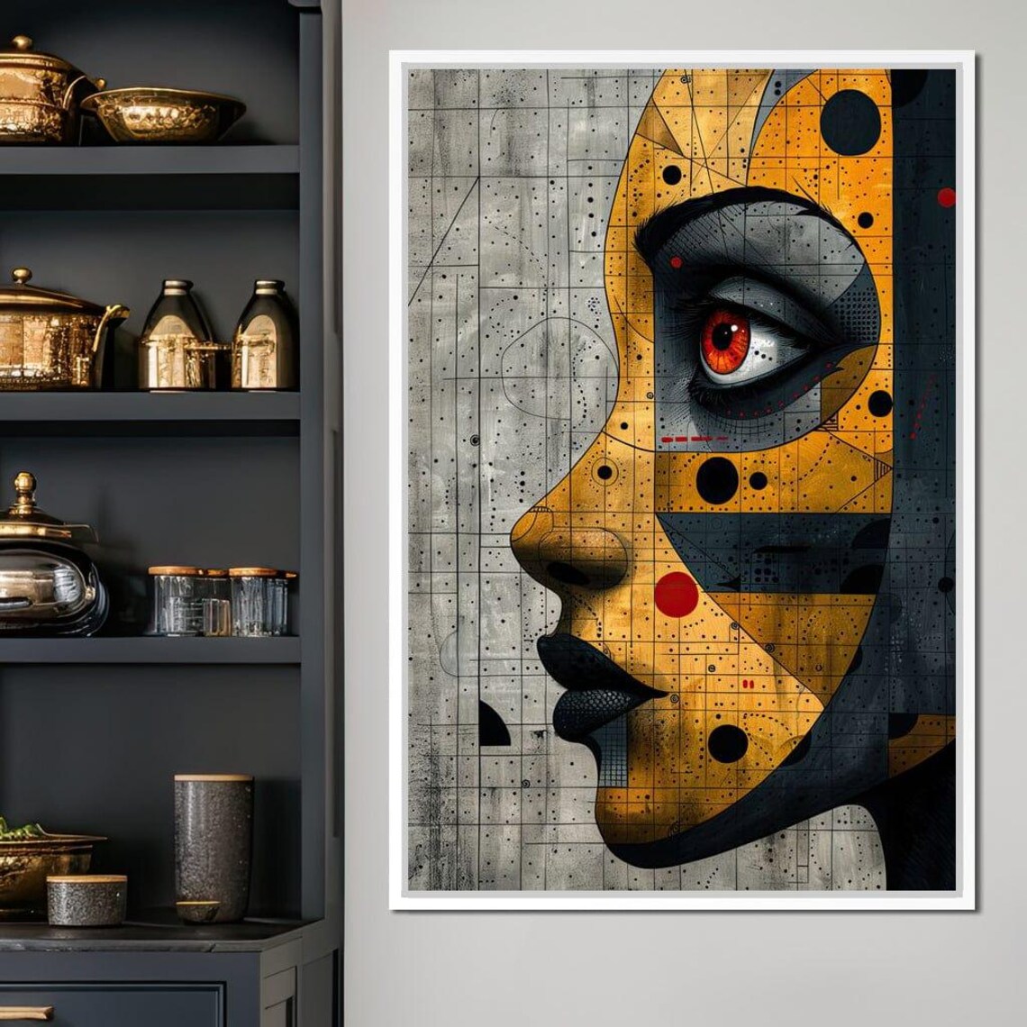Golden Geometric Female Face Abstract Blueprint Style Modern Art Print - Image 3