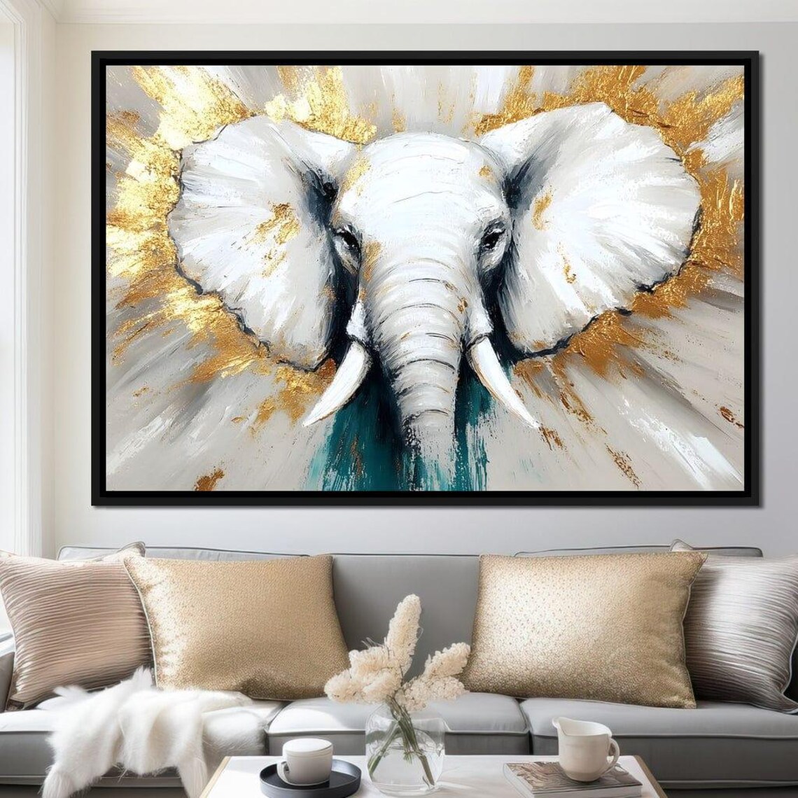 White Elephant Head with Golden Radiance and Teal Accents Poster - Image 4