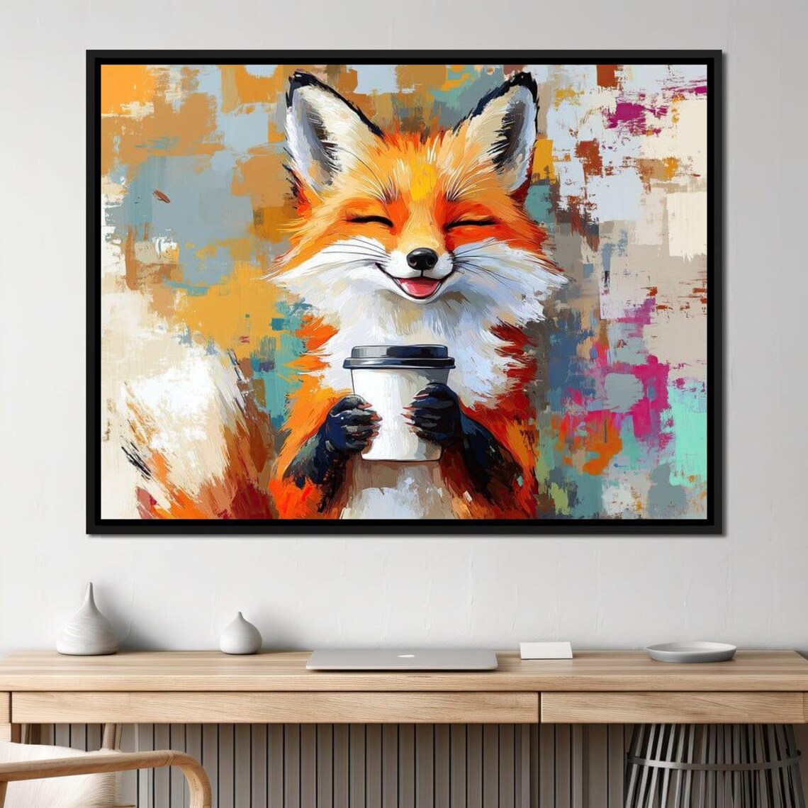 Happy Orange Fox Holding Coffee Cup Colorful Abstract Cute Animal Poster - Image 4