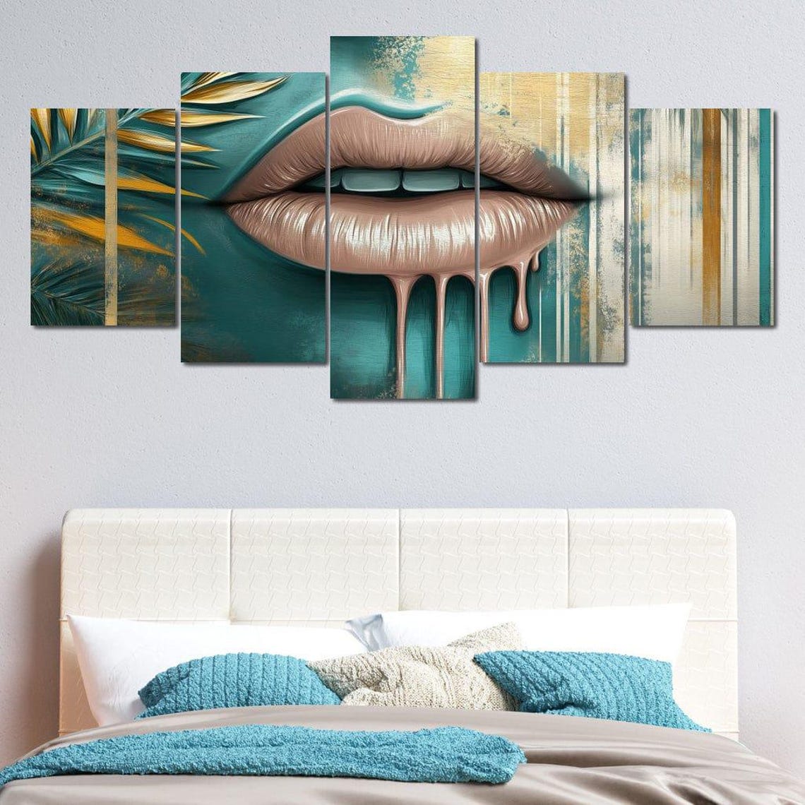 Dripping Nude Lips Teal Gold Multi Panel Glamorous Pop Wall Art - Image 4