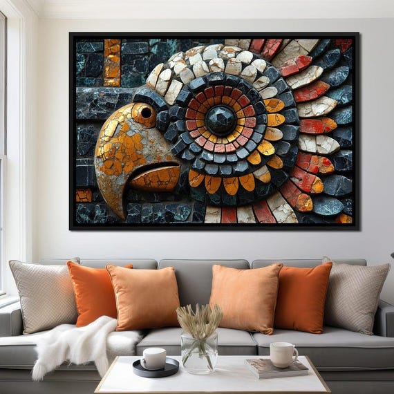 Mosaic Serpent Spiral Aztec Culture Art Vibrant Bird Design Geometric Home Decor Unique Wall Art Artisan Craft By Nichecanvas