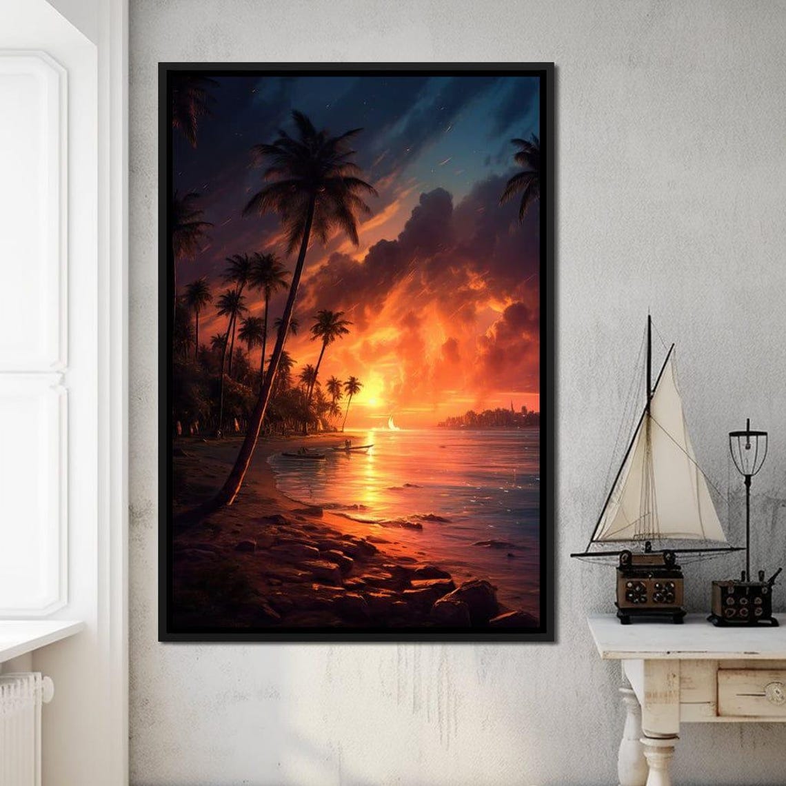 Tropical Beach Sunset Palm Silhouettes Fiery Ocean Sky Coastal Poster