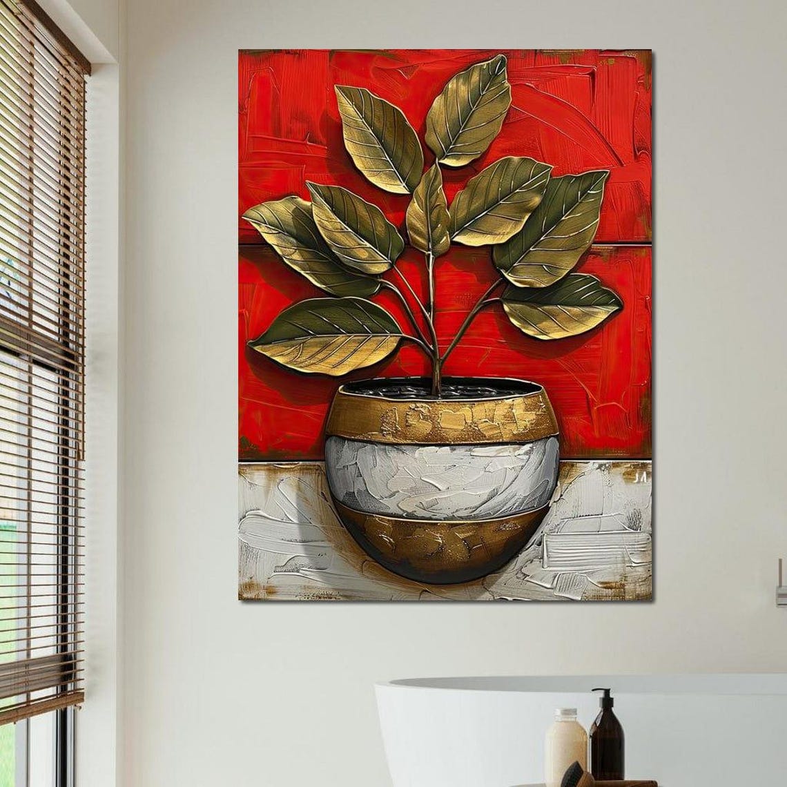 Golden Leaves Red Background Botanical Art Print Modern Plant Decor - Image 2