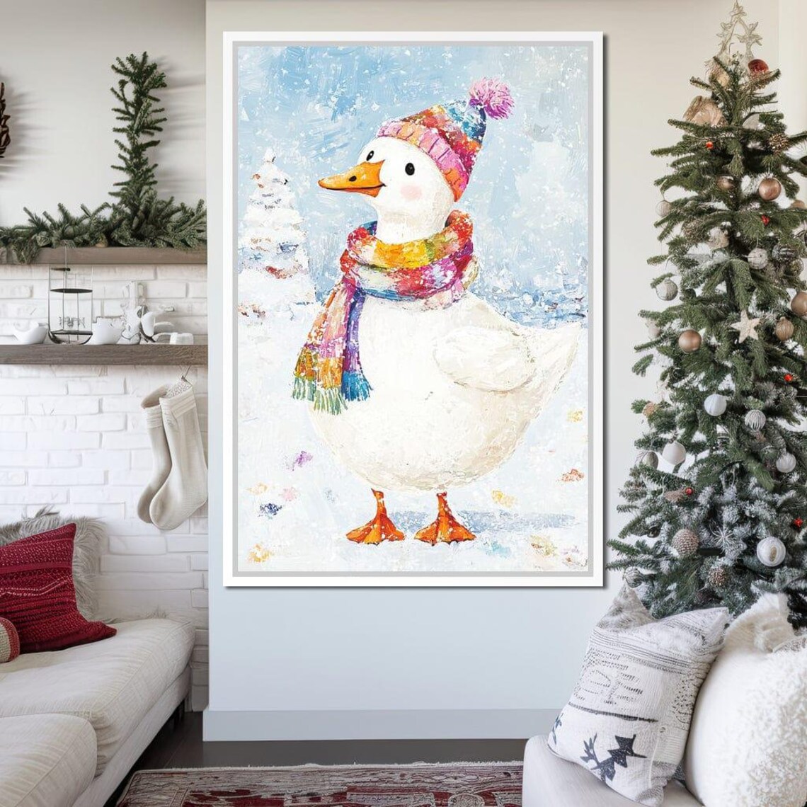 Cute Duck In Winter Hat And Colorful Scarf Snowy Holiday Poster - Image 2