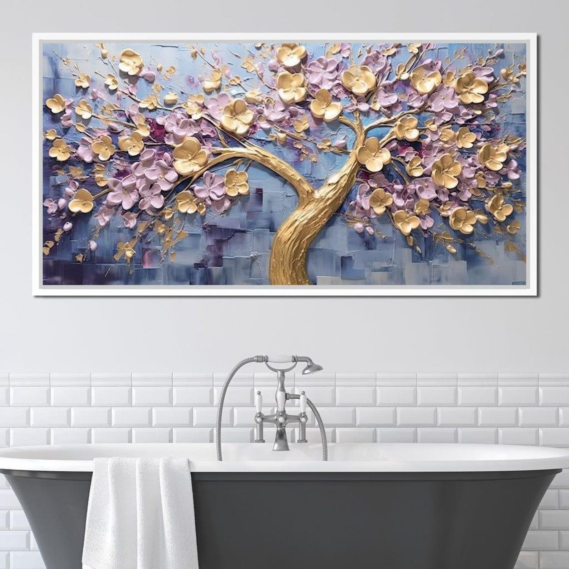 Golden Flowering Tree Blossom 3D Impasto Texture Blue Wall Art Print