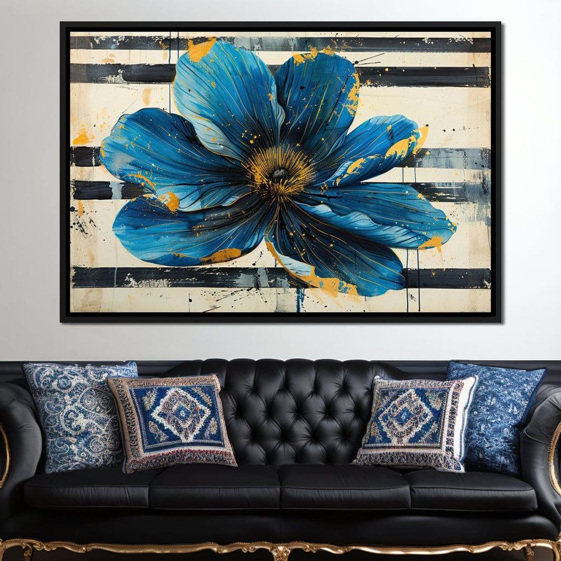 Blue Dahlia Gold Stripe Vintage Botanical Abstract Flower Print - Image 3