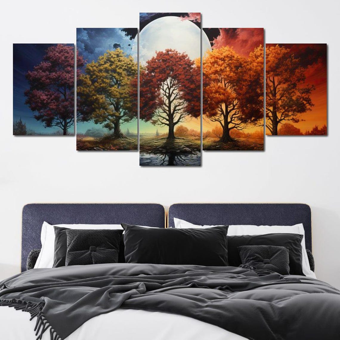 Four Seasons Five Trees Full Moon Five Panel Nature Wall Art Poster - Image 3