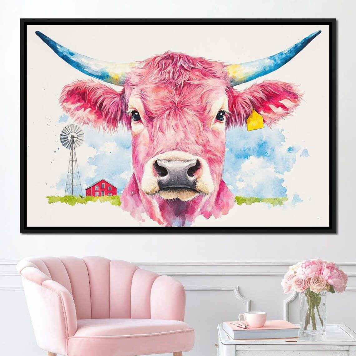 Pink Watercolor Cow With Blue Horns By A Red Barn Farmhouse Art Print - Image 3