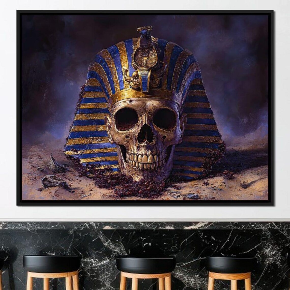 Egyptian Pharaoh Skull in Golden Burial Headdress Dark Poster