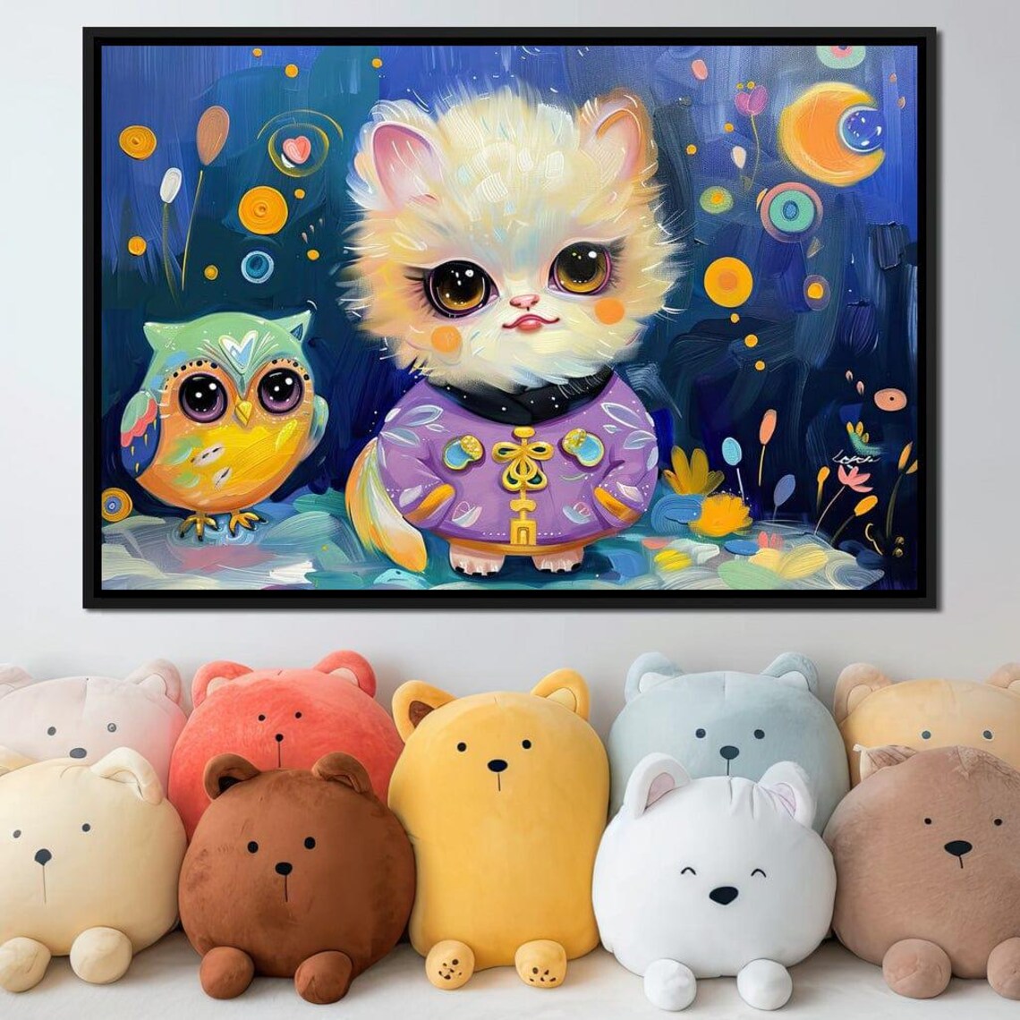 Whimsical Kitten Owl Fantasy Painting Big Eyes Night Magic Kids Room Poster - Image 4
