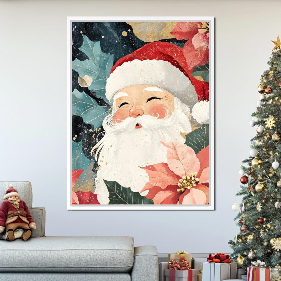 Joyful Santa Claus With Poinsettias And Holly Festive Xmas Poster - Image 2