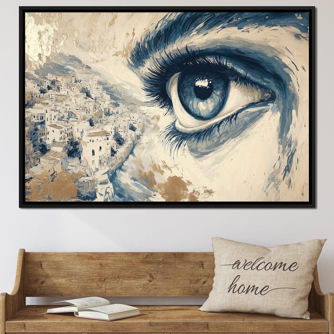 Surreal Blue Eye Over Mediterranean Coastal Town Gold Wall Art