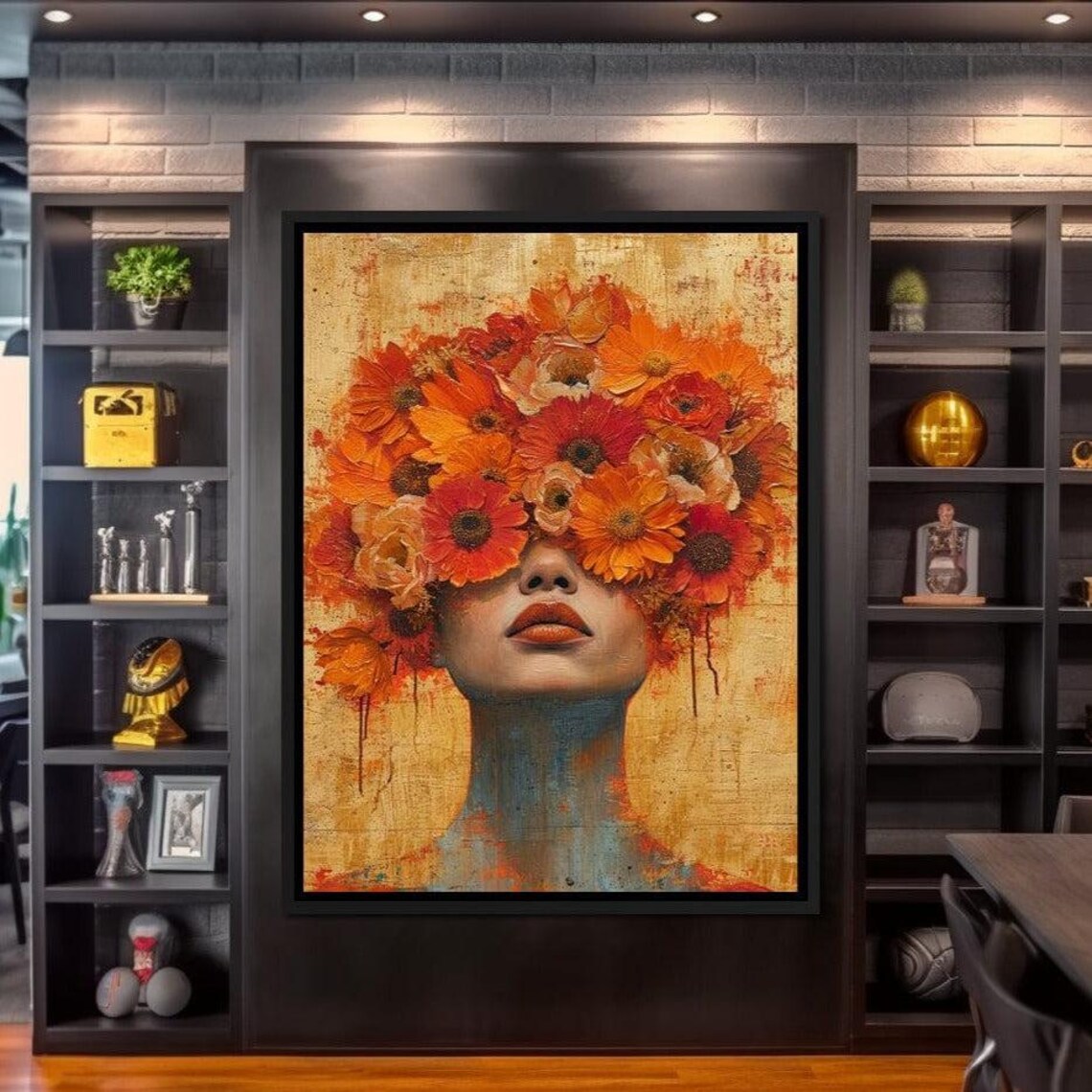 Autumn Daisies Woman Face Vintage Texture Warm Floral Art Print