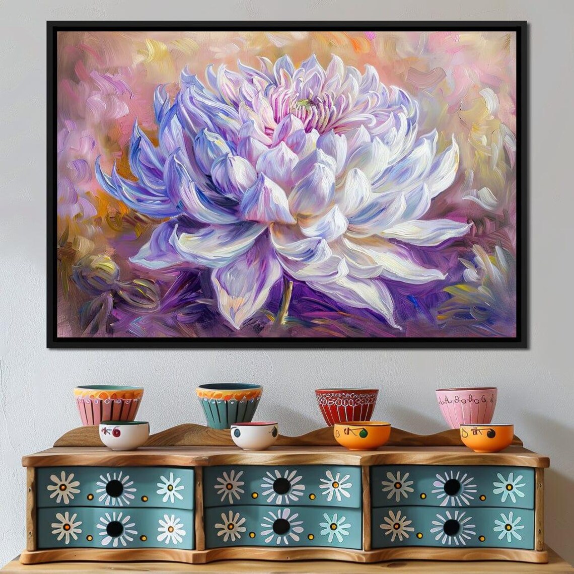 Lavender Bloom Giant Purple White Dahlia Flower Oil Painting Poster