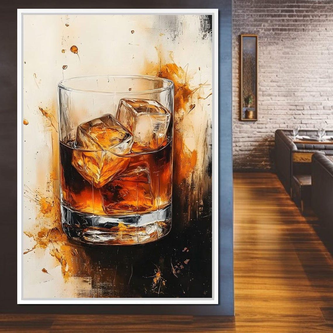 Whiskey on the Rocks Glass With Warm Amber Paint Splashes Poster - Image 4