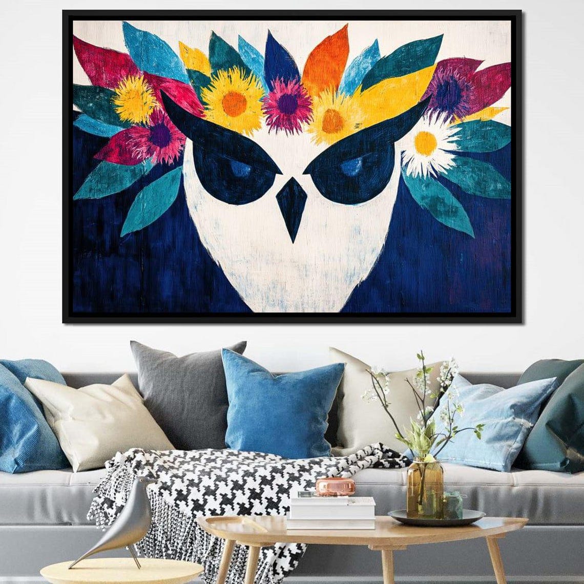 Owl Face Close Up With Colorful Floral Crown Boho Wildlife Poster - Image 2