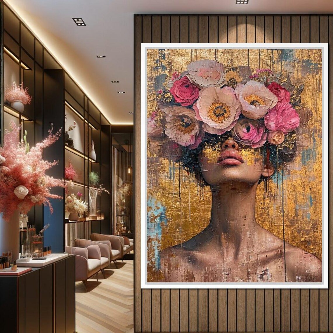 Golden Petals Floral Portrait, Modern Art Print