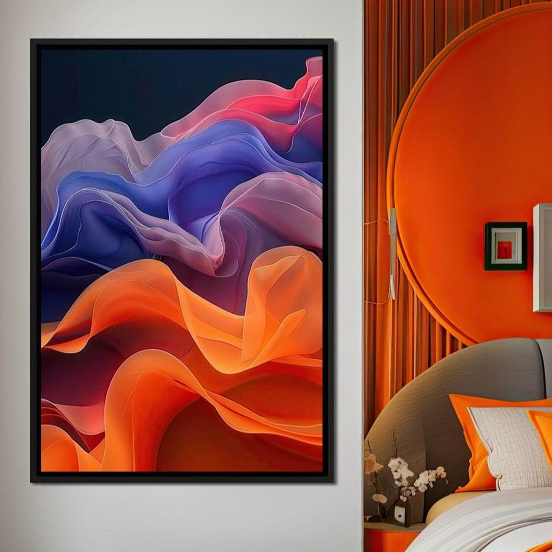 Flowing Orange Purple Silk Waves Abstract Swirls Dark Wall Art