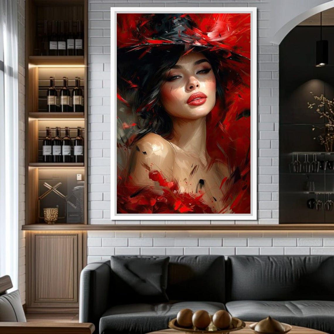 Scarlet Fedora Beauty Dark Glamour Bold Red Portrait Wall Art - Image 2