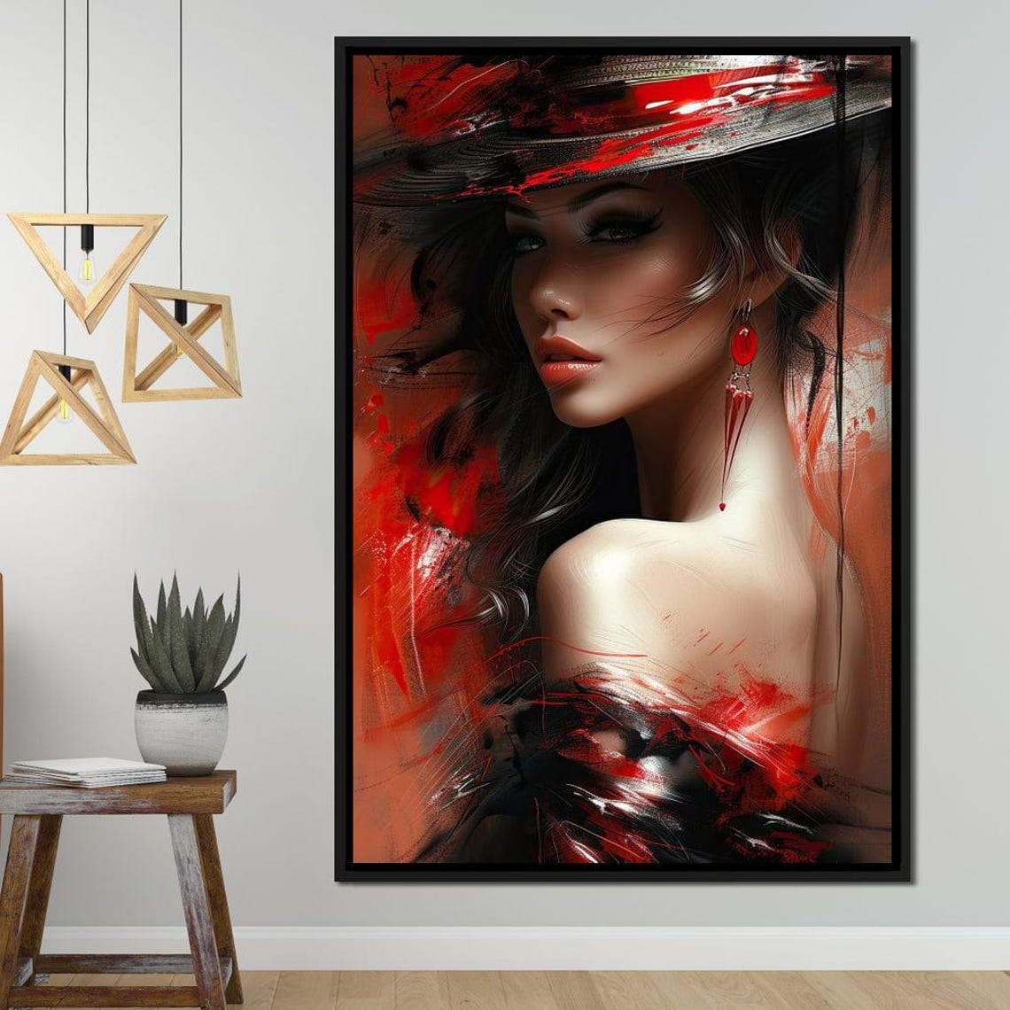 Sultry Woman Red Painted Hat Red Earrings Expressionist Art Print - Image 4