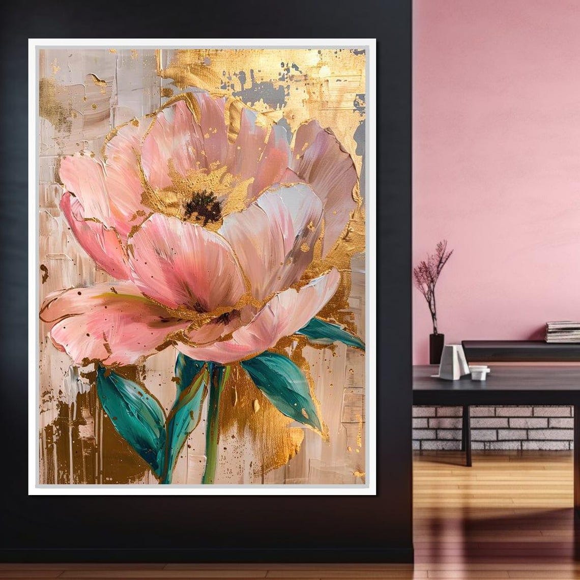 Blush Pink Flower Gold Leaf Abstract Modern Botanical Wall Art Poster