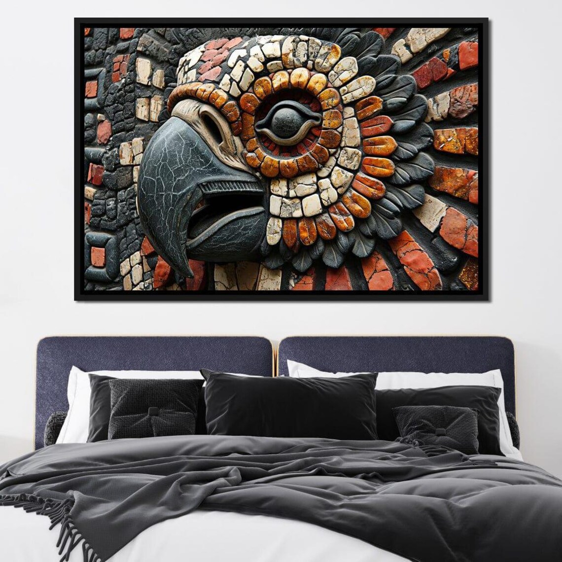 Aztec Mosaic Eagle Head Tribal Stone Carving Cultural Art Poster - Image 2