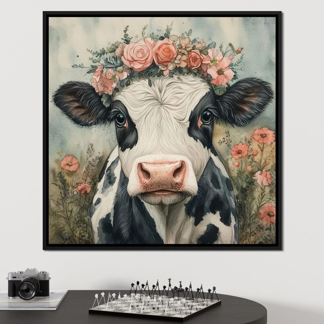 Cow Flower Crown Pink Roses Cute Black White Cow Watercolor Wall Print - Image 3