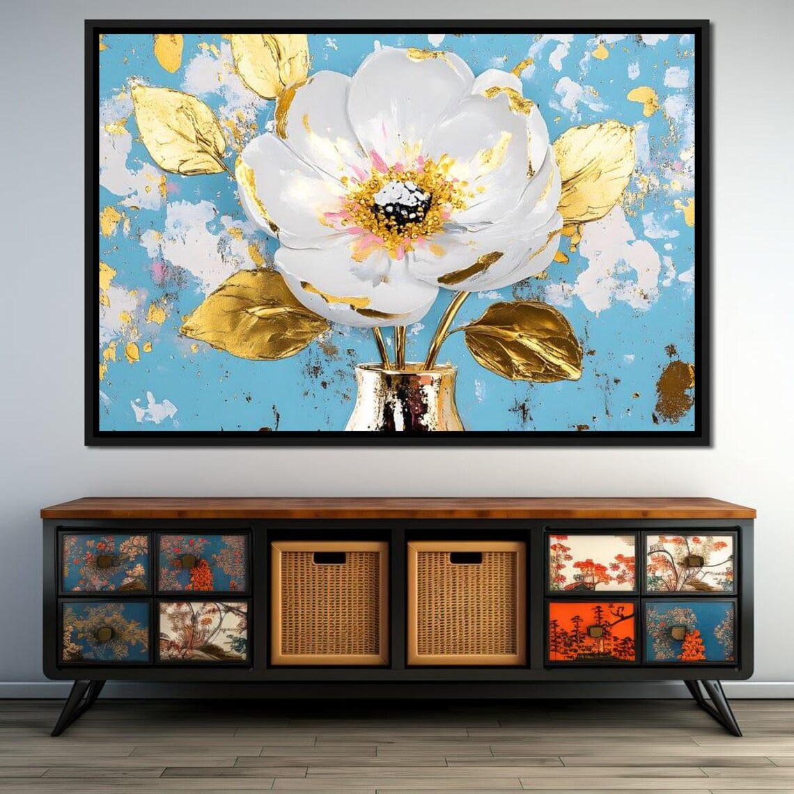 White Flower With Golden Leaves On A Bright Turquoise Poster - Image 2