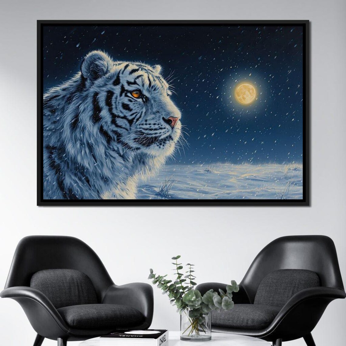 White Tiger Snowy Night Moonlight Serene Wildlife Portrait Art Poster - Image 2