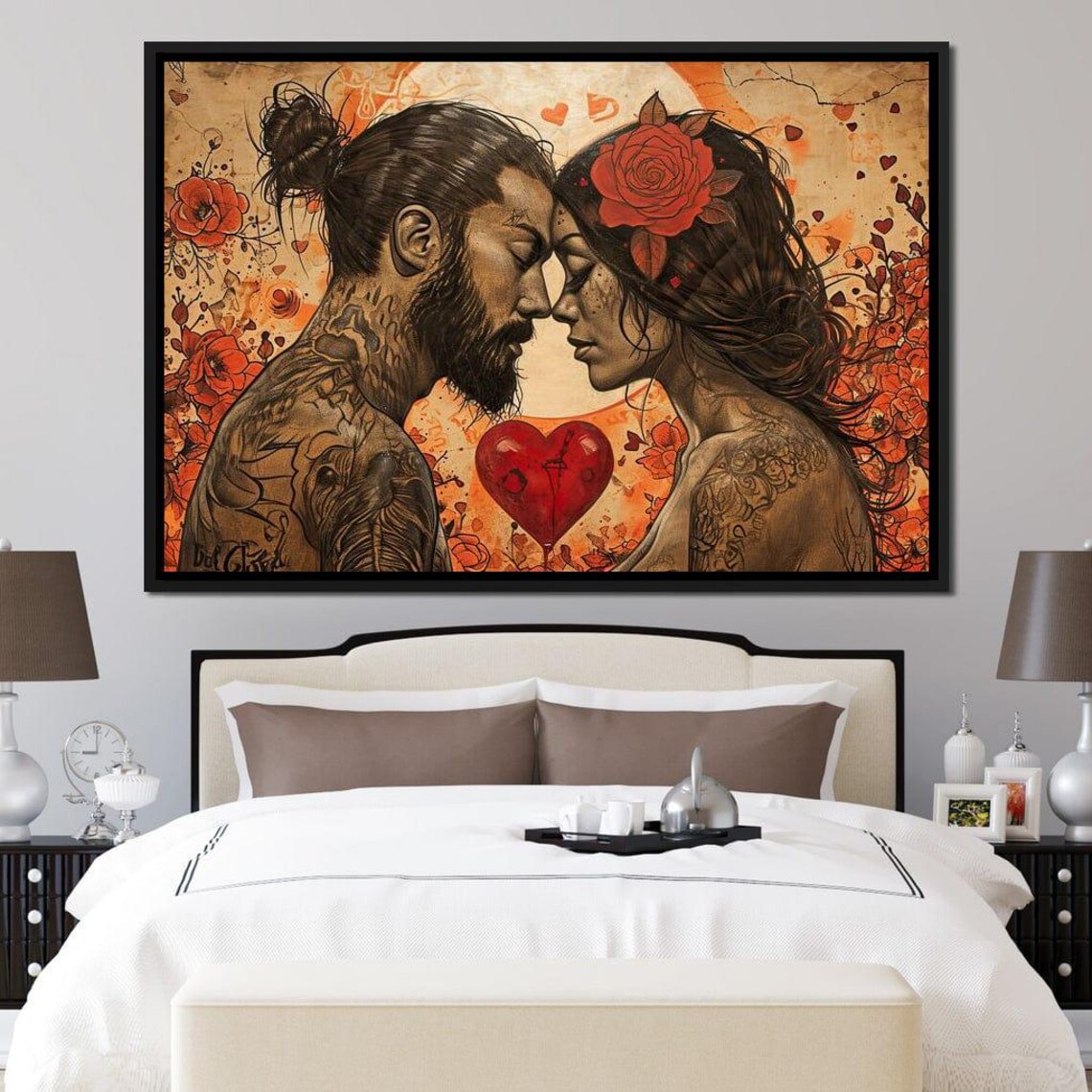 Tattooed Couple Romantic Embrace Red Heart Floral Love Art Print - Image 3