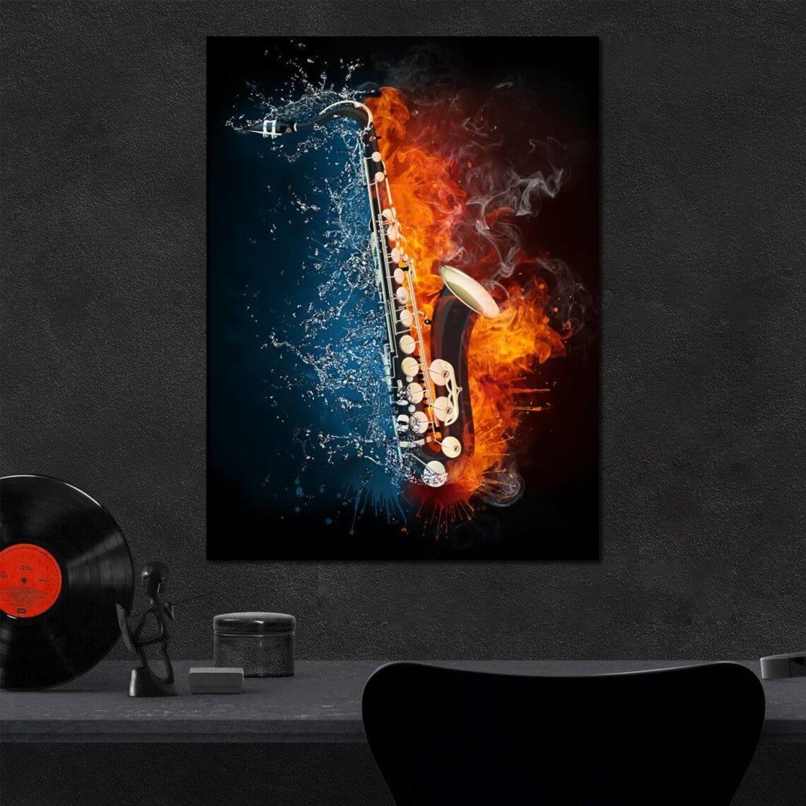 Saxophone Fire Water Jazz Music Abstract Flames Blue Splash Wall Art Poster - Image 3