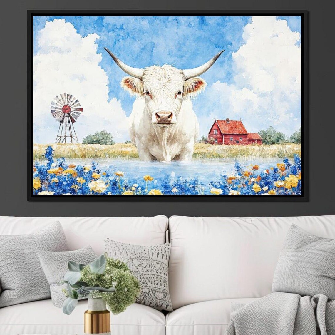White Longhorn Cow Wading Through Wildflowers At A Country Farm Poster - Image 2