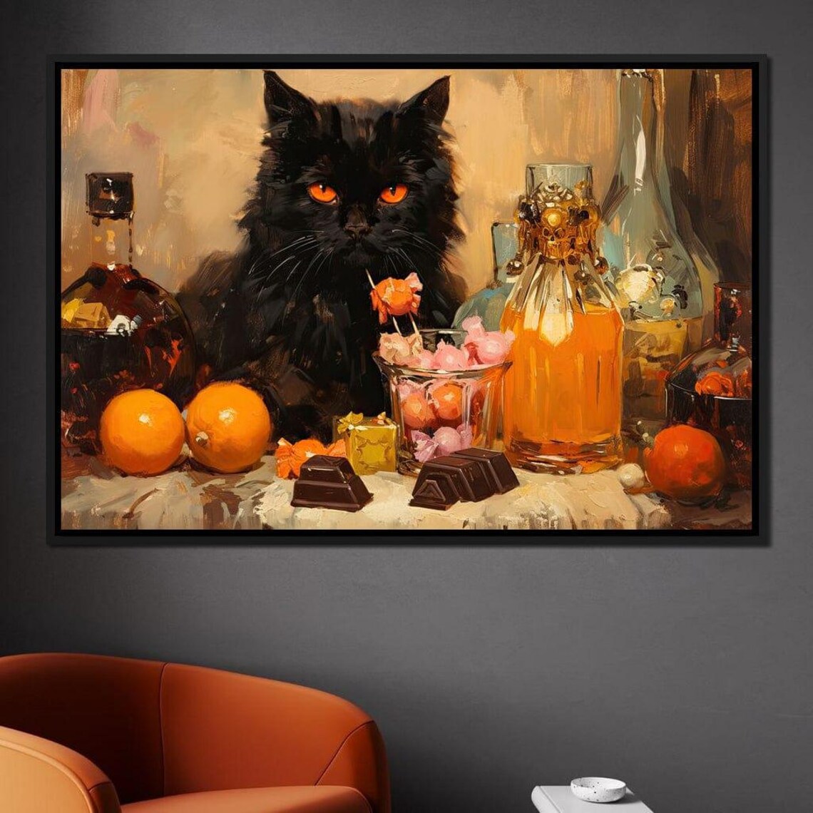 Black Cat Still Life Oranges Chocolate Whiskey Vintage Style Art Poster