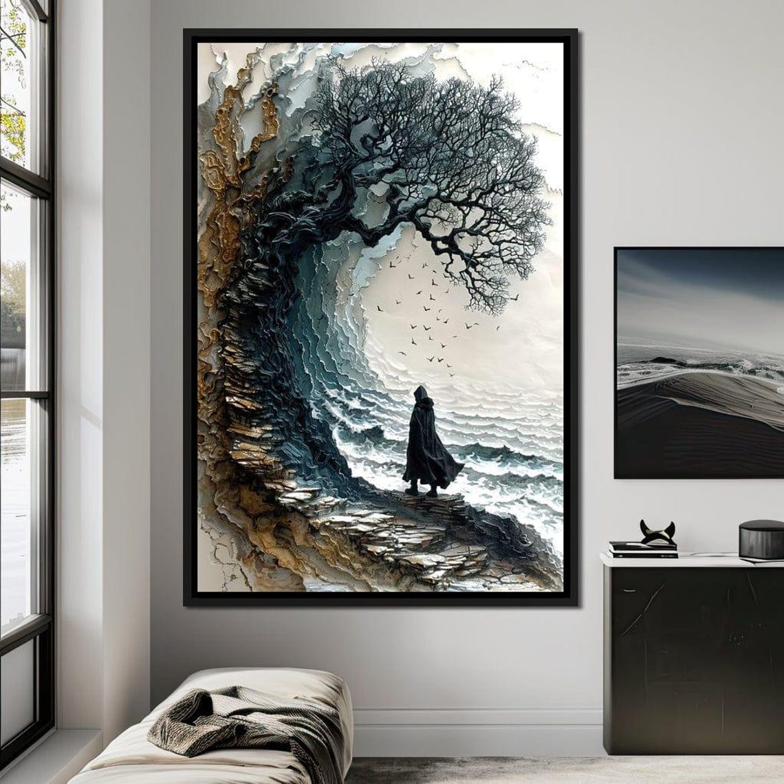 Lone Hooded Figure By Sea Surreal Mystical Wave Ocean Wall Art